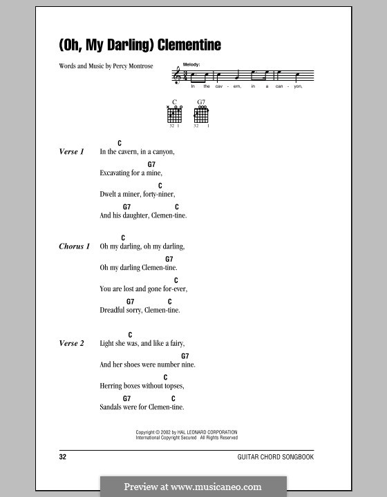 (Oh, My Darling) Clementine: Lyrics and chords (with chord boxes) by Percy Montrose