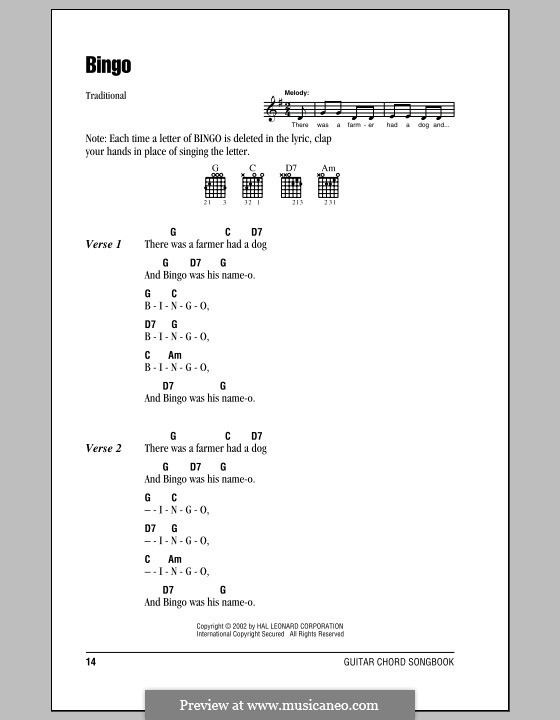 Bingo: Lyrics and chords (with chord boxes) by folklore