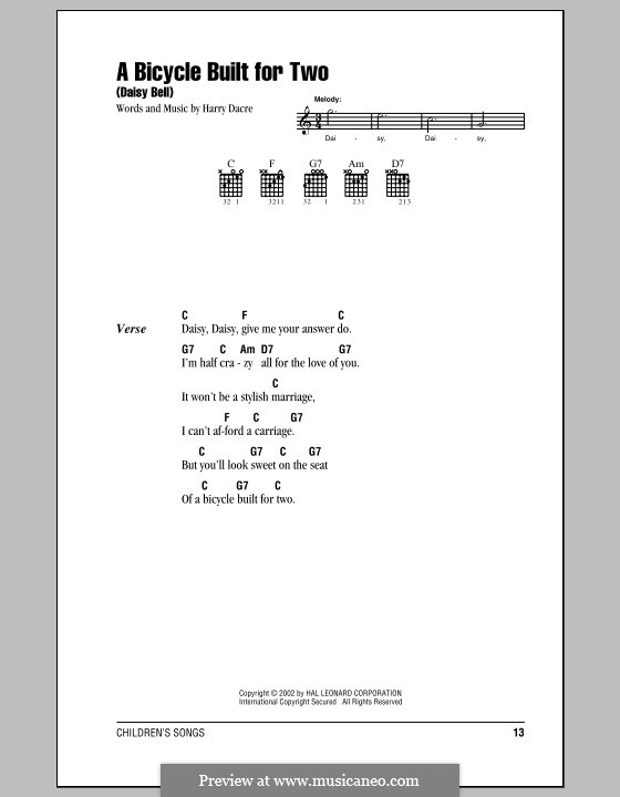 Daisy Bell (Bicycle Built for Two): Lyrics and chords (with chord boxes) by Harry Dacre