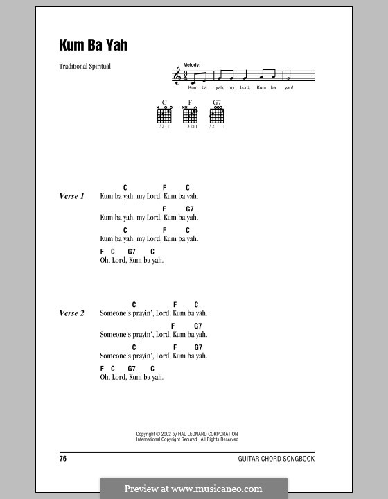 Kumbaya (Kum Ba Yah): Lyrics and chords (with chord boxes) by folklore