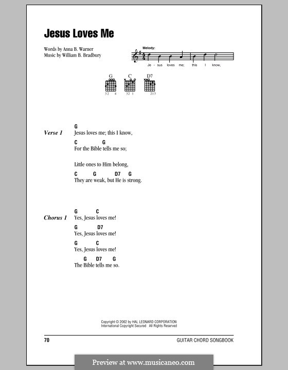 Jesus Loves Me: Lyrics and chords (with chord boxes) by William Batchelder Bradbury