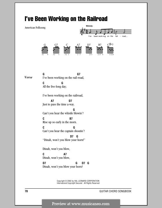 I've Been Working on the Railroad: Lyrics and chords (with chord boxes) by folklore