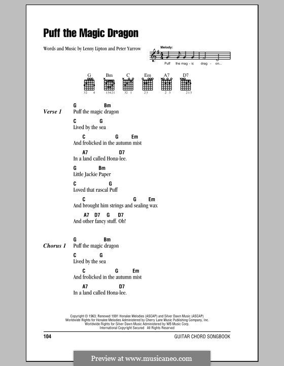 Puff the Magic Dragon (Peter, Paul & Mary): Lyrics and chords (with chord boxes) by Lenny Lipton, Peter Yarrow