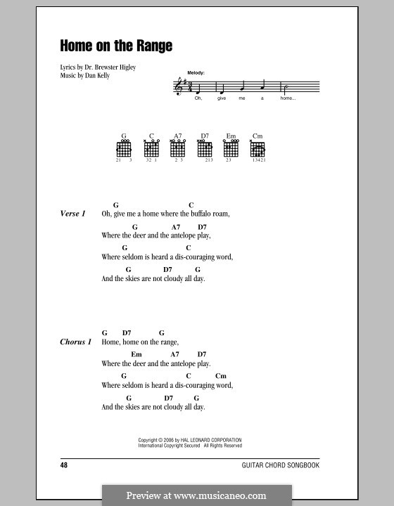 Home on the Range: Lyrics and chords (with chord boxes) by Daniel E. Kelley