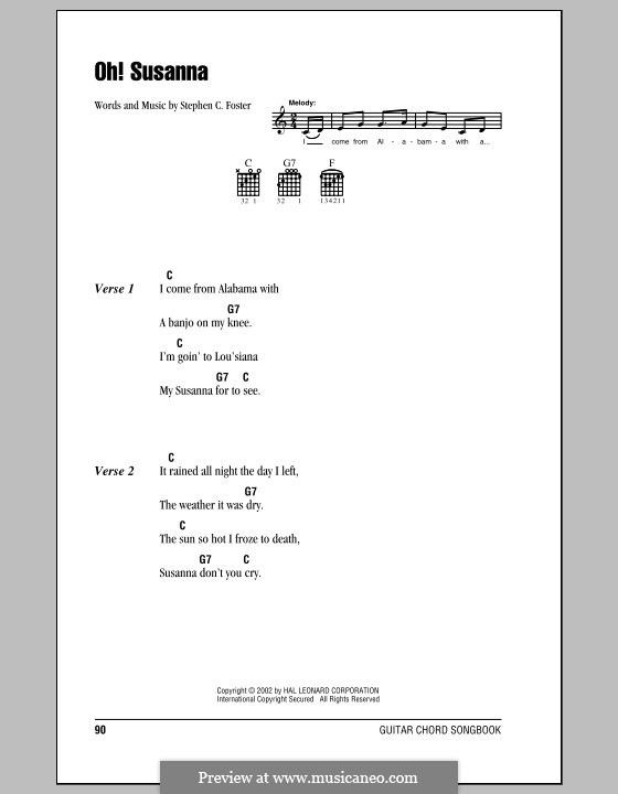 Oh! Susanna: Lyrics and chords (with chord boxes) by Stephen Collins Foster