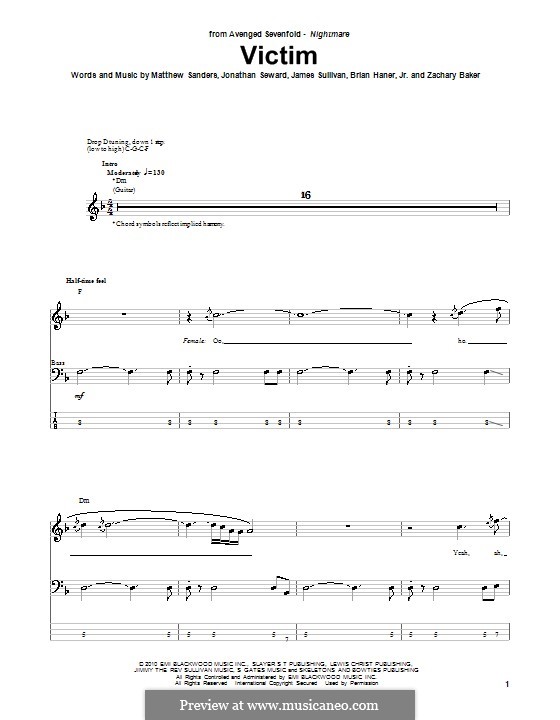 Victim (Avenged Sevenfold): For bass guitar with tab by Brian Haner Jr., James Sullivan, Jonathan Seward, Matthew Sanders, Zachary Baker