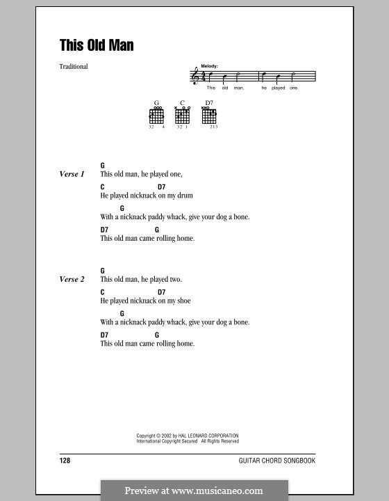 This Old Man: Lyrics and chords (with chord boxes) by folklore