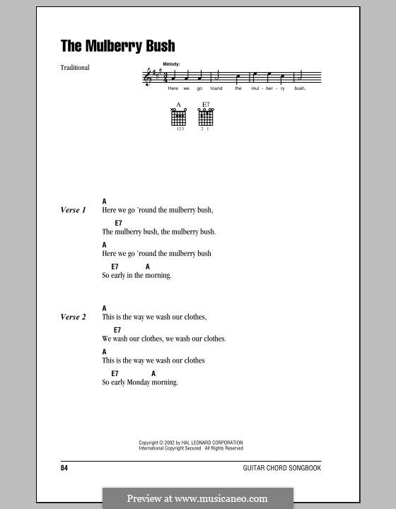 The Mulberry Bush: Lyrics and chords (with chord boxes) by folklore