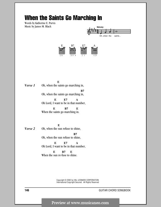 When the Saints Go Marching In: Lyrics and chords (with chord boxes) by James Milton Black