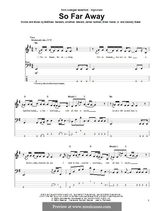 So Far Away (Avenged Sevenfold): For bass guitar with tab by Brian Haner Jr., James Sullivan, Jonathan Seward, Matthew Sanders, Zachary Baker