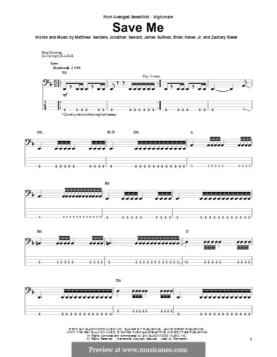 Save Me (Avenged Sevenfold): For bass guitar with tab by Brian Haner Jr., James Sullivan, Jonathan Seward, Matthew Sanders, Zachary Baker