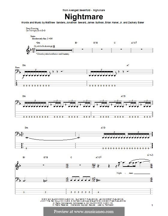 Nightmare (Avenged Sevenfold): For bass guitar with tab by Brian Haner Jr., James Sullivan, Jonathan Seward, Matthew Sanders, Zachary Baker