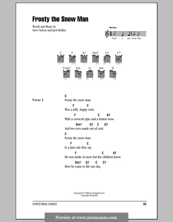 Frosty the Snow Man: Lyrics and chords (Gene Autry) by Jack Rollins, Steve Nelson