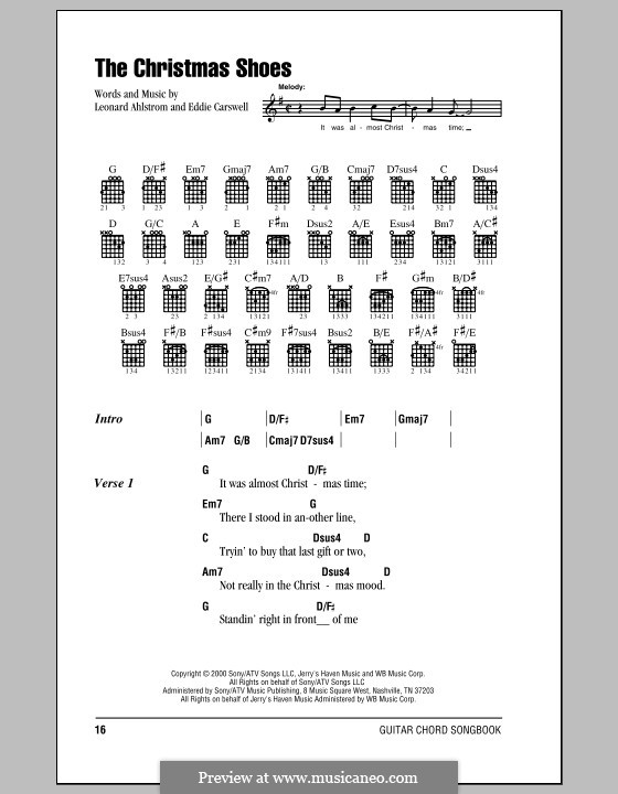 The Christmas Shoes (3 of Hearts): Lyrics and chords (with chord boxes) by Eddie Carswell, Leonard Ahlstrom