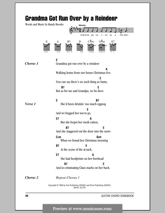 Grandma Got Run Over by a Reindeer: Lyrics and chords (with chord boxes) by Randy Brooks