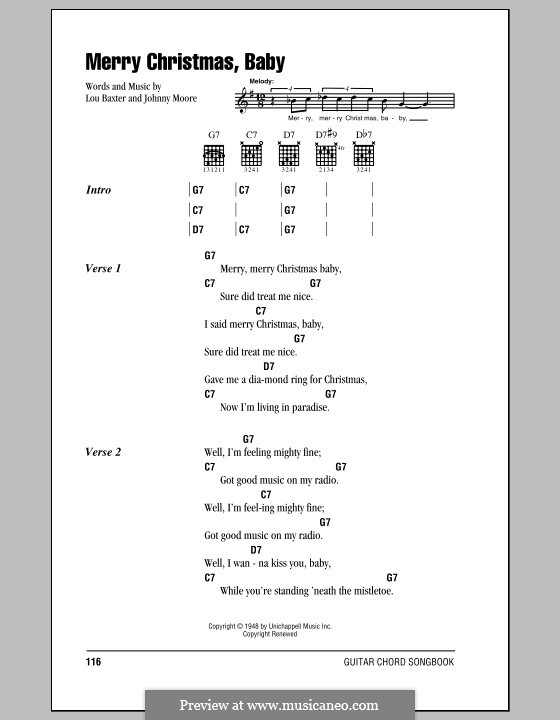 Merry Christmas, Baby: Lyrics and chords (with chord boxes) by Johnny Moore, Lou Baxter