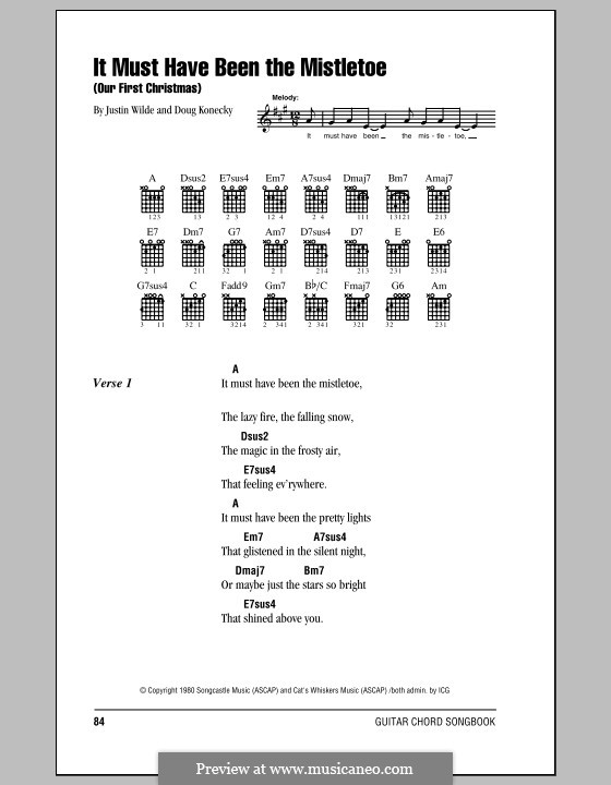It Must Have Been the Mistletoe (Our First Christmas): Lyrics and chords with chord boxes (Barbara Mandrell) by Doug Konecky, Justin Wilde