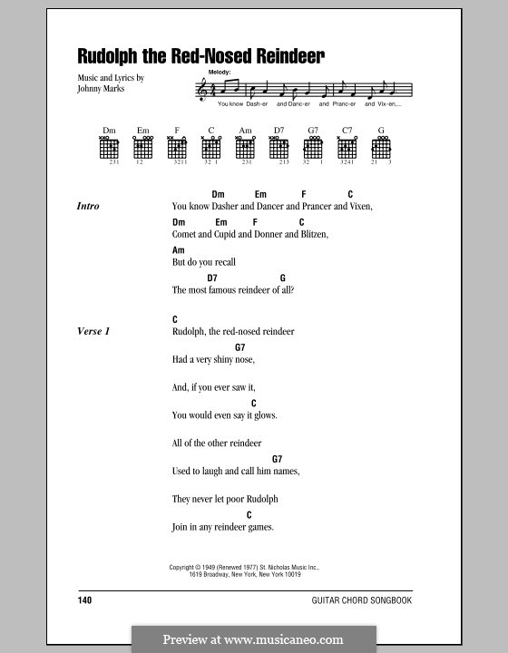 Rudolph the Red-Nosed Reindeer: Lyrics and chords (with chord boxes) by Johnny Marks