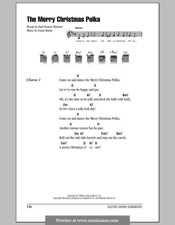 The Merry Christmas Polka: Lyrics and chords (with chord boxes) by Sonny Burke