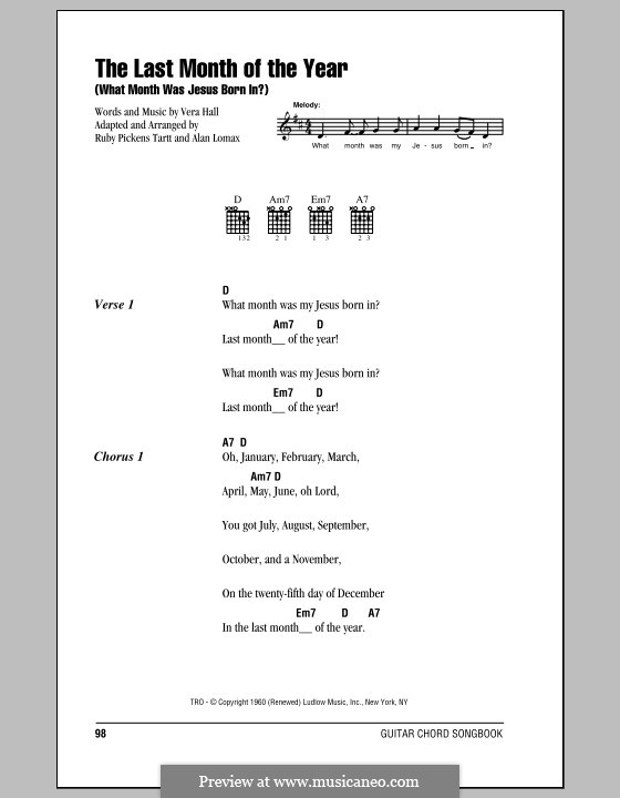 The Last Month of the Year (What Month Was Jesus Born in?): Lyrics and chords (with chord boxes) by Alan Lomax, Ruby Pickens Tartt