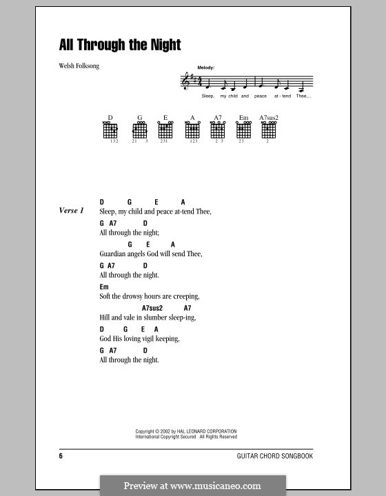 All Through the Night (Printable scores): Lyrics and chords (with chord boxes) by folklore