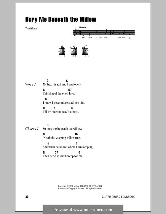 Bury Me Beneath the Willow: Lyrics and chords (with chord boxes) by folklore