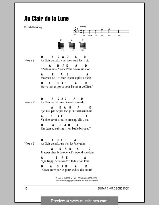 Au Claire de la Lune: Lyrics and chords (with chord boxes) by folklore
