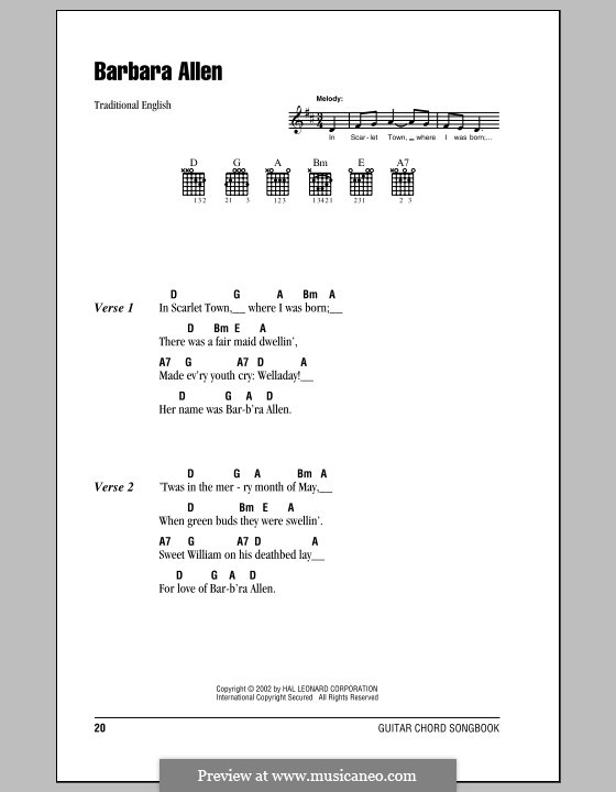 Barbara Allen: Lyrics and chords (with chord boxes) by folklore