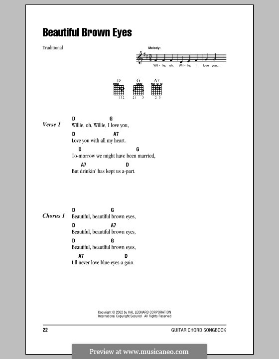 Beautiful Brown Eyes: Lyrics and chords (with chord boxes) by folklore