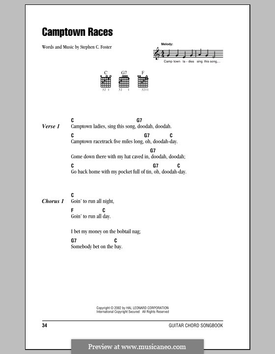 The Camptown Races: Lyrics and chords (with chord boxes) by Stephen Collins Foster