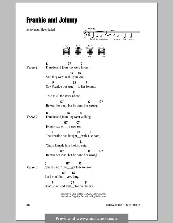 Frankie and Johnny: Lyrics and chords (with chord boxes) by folklore