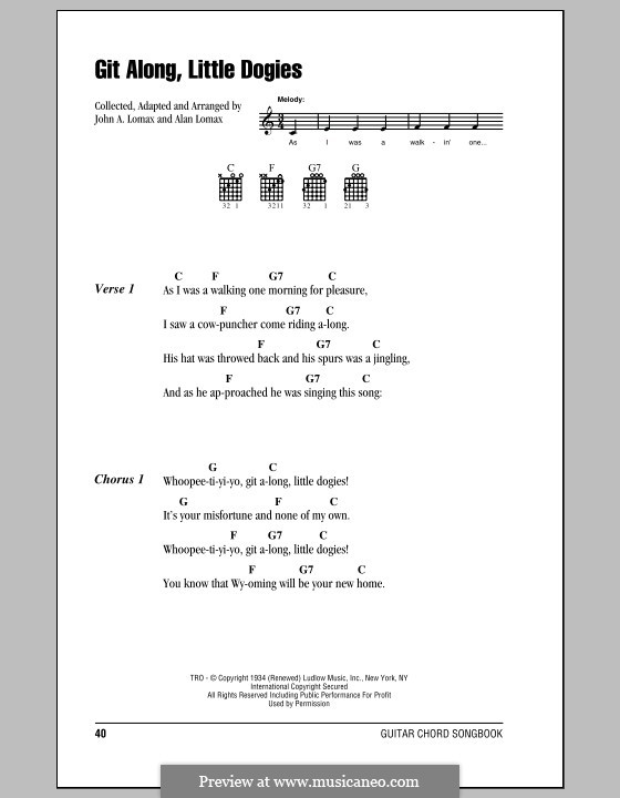 Git Along, Little Dogies: Lyrics and chords (with chord boxes) by Alan Lomax