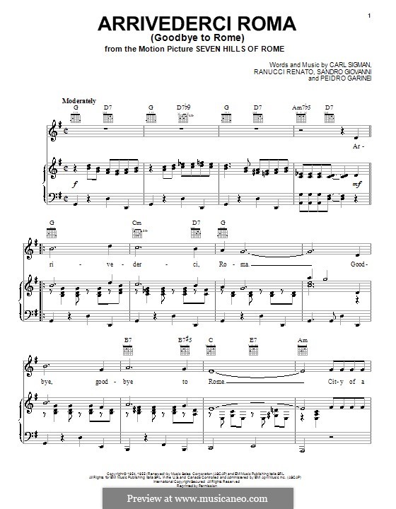 Arrivederci Roma (Goodbye to Rome): For voice and piano (or guitar) by Carl Sigman, Pietro Garinei, Renato Rascel, Sandro Giovannini