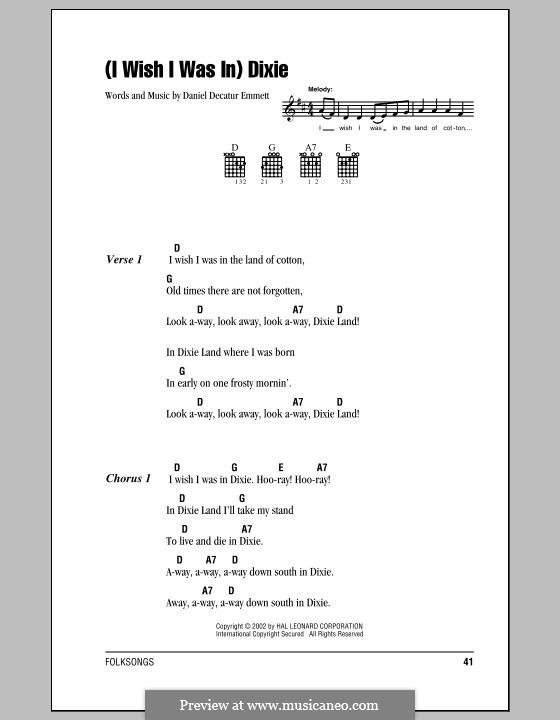 Dixie: Lyrics and chords (with chord boxes) by Daniel Decatur Emmett