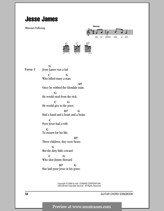 Jesse James: Lyrics and chords (with chord boxes) by folklore