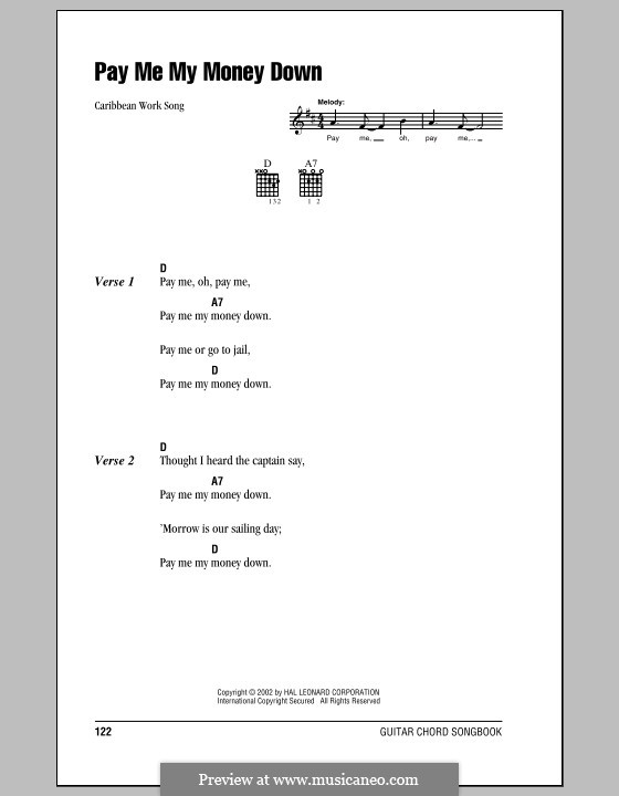 Pay Me My Money Down: Lyrics and chords (with chord boxes) by folklore