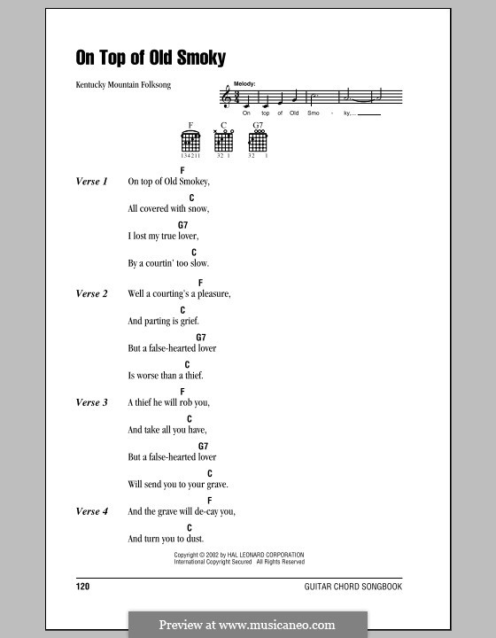 On Top of Old Smoky: Lyrics and chords (with chord boxes) by folklore