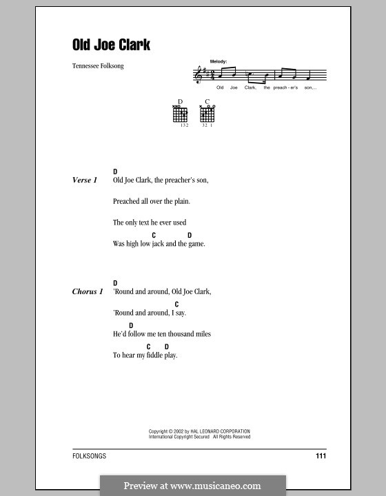 Old Joe Clark: Lyrics and chords (with chord boxes) by folklore