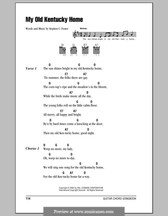My Old Kentucky Home Good-Night: Lyrics and chords (with chord boxes) by Stephen Collins Foster