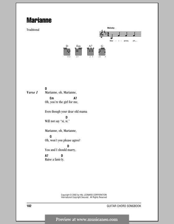 Marianne: Lyrics and chords (with chord boxes) by folklore