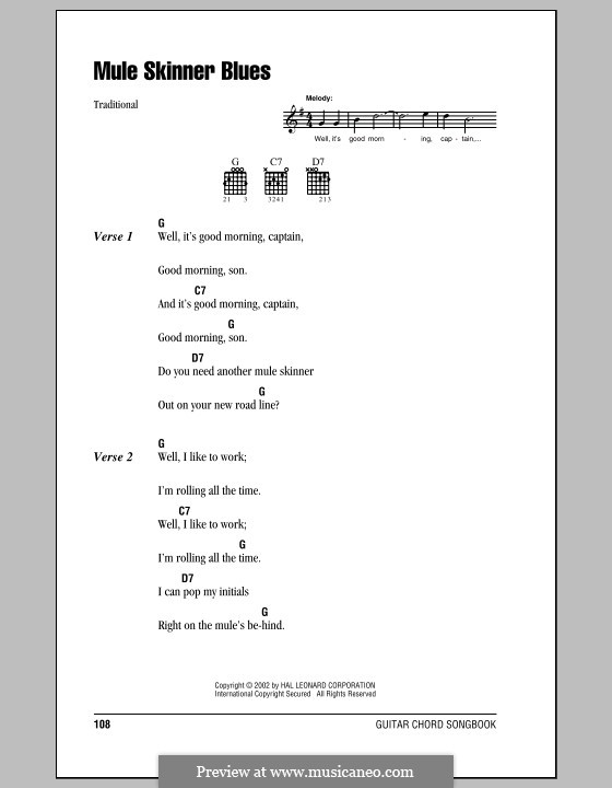 Mule Skinner Blues: Lyrics and chords (with chord boxes) by folklore