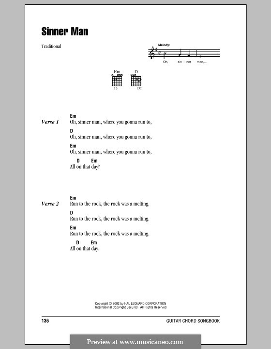 Sinner Man: Lyrics and chords (with chord boxes) by folklore