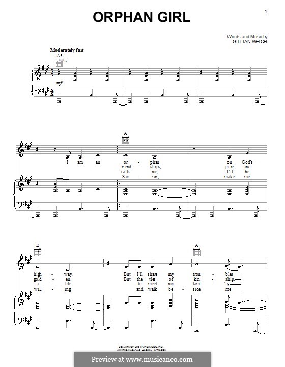 Orphan Girl: For voice and piano (or guitar) by Gillian Welch