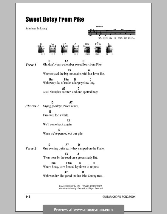 Sweet Betsy from Pike: Lyrics and chords (with chord boxes) by folklore