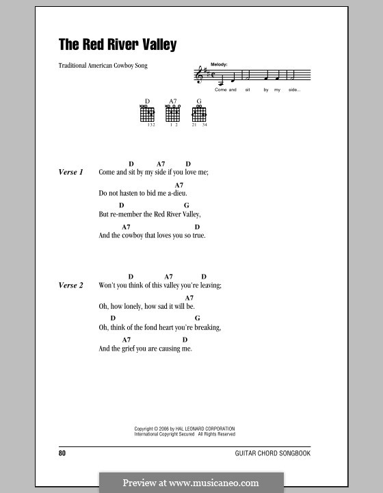 The Red River Valley: Lyrics and chords (with chord boxes) by folklore