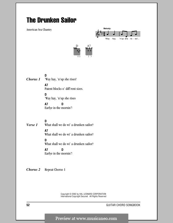 What Shall We Do with the Drunken Sailor: Lyrics and chords (with chord boxes) by folklore