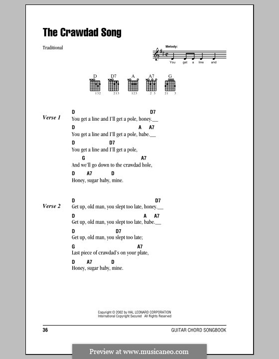 The Crawdad Song: Lyrics and chords (with chord boxes) by folklore