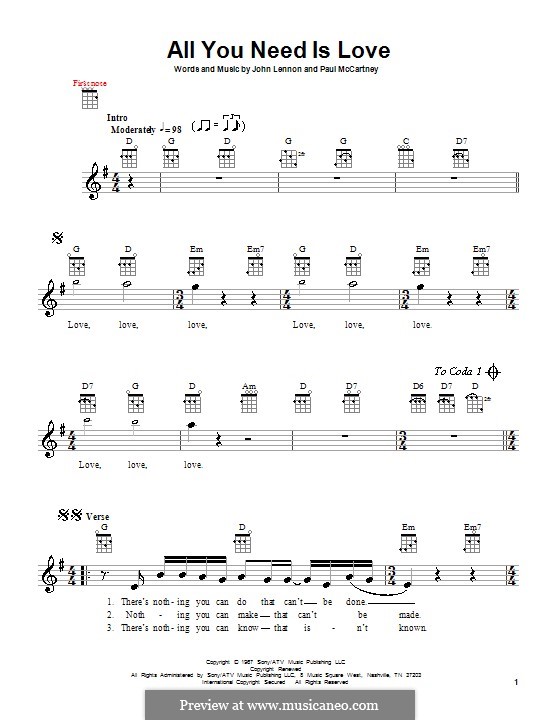 All You Need Is Love" Sheet Music by The Beatles for Ukulele/Vocal -  Sheet Music Now