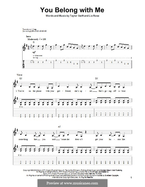 You Belong with Me (Taylor Swift): For guitar with tab by Liz Rose