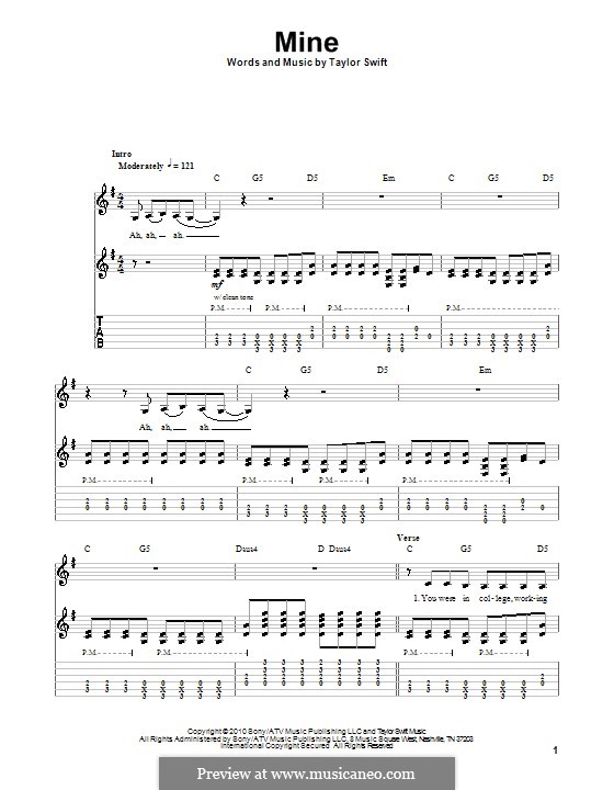 Mine: For guitar with tab by Taylor Swift